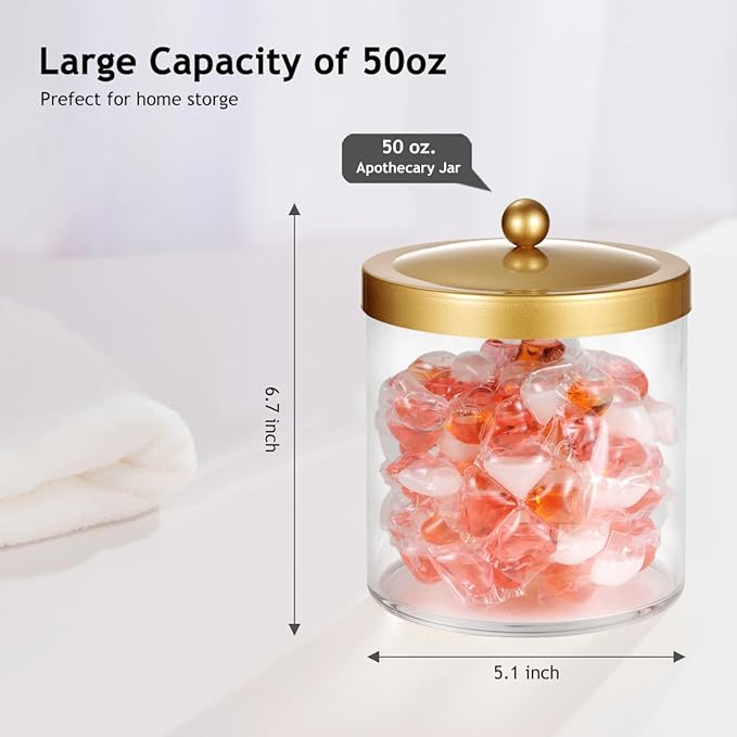 2 Pack 50 Ounce Large Clear Apothecary Jar with Gold Rust-Proof Lid - Shatterproof Plastic Storage Canister - Modern Luxury Bathroom Vanity & Laundry Room Organizer for Pods, Bath Salts