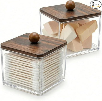 SheeChung Qtip Holder for Bathroom - Walnut Wood Lid Acrylic Cotton Swab Dispenser, Clear Apothecary Jar for Cotton Balls, Pads, Flossers, Farmhouse Vanity Storage Organizer (2 pack)