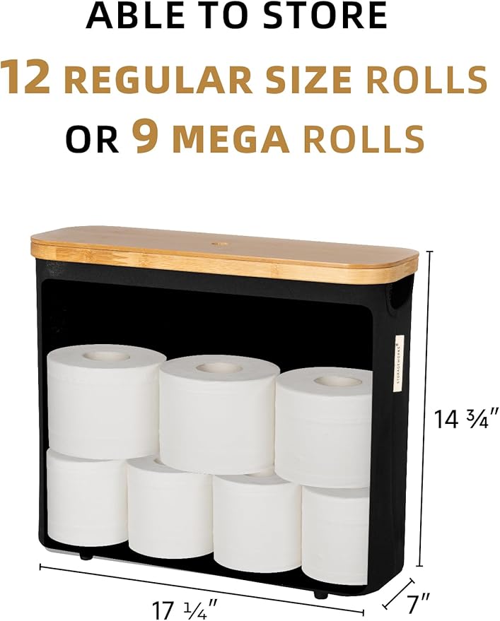 StorageWorks Toilet Paper Storage Basket, Papers Container with Bamboo Lid, Medium Toilets Holder for Up to 9 Mega Rolls, Organizer for Bathroom, Black, 1 Pack
