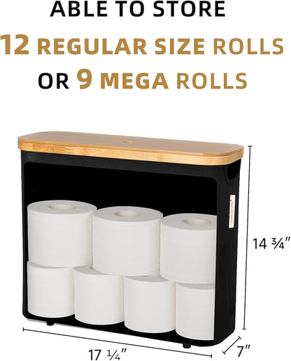 StorageWorks Toilet Paper Storage Basket, Papers Container with Bamboo Lid, Medium Toilets Holder for Up to 9 Mega Rolls, Organizer for Bathroom, Black, 1 Pack