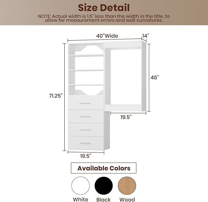 ROOMTEC Modular Closet System, 40" Wall-Mounted Closet Organizer with Drawers and Hanging Rods, Wooden Tower for Walk-In Closets, Wardrobe Storage Kit, White