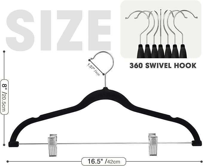 36-Pack Black Velvet Hangers with Clips Adjustable,Adult Hangers,Heavy-Duty,Felt,Non-Slip,Space Saving,Slim Outfit Hanger for Pants, Skirts, Suits,Coats, Dresses ect.