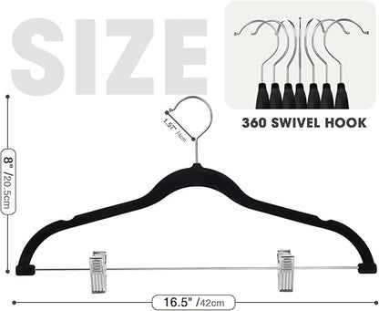 36-Pack Black Velvet Hangers with Clips Adjustable,Adult Hangers,Heavy-Duty,Felt,Non-Slip,Space Saving,Slim Outfit Hanger for Pants, Skirts, Suits,Coats, Dresses ect.