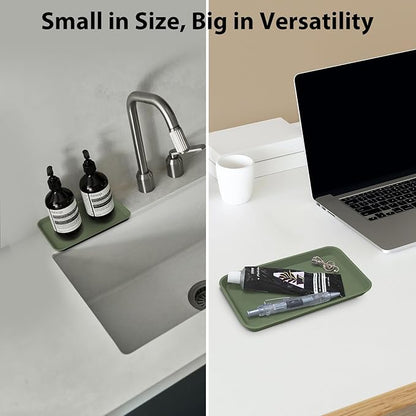 Countertop Vanity Tray, Bathroom Silicone Shatterproof Tray, Soap and Sponge Holder for Kitchen Sink Toilet Tank, Bathroom Holders for Counter, Perfume Candle Key Valet - Green