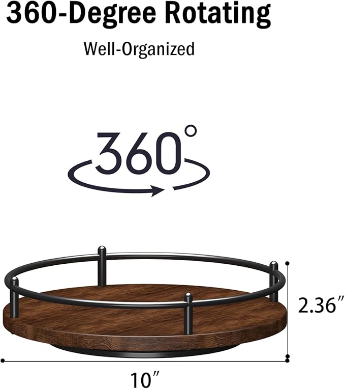 Lazy Susan Organizer：10 Inch Rotating Spice Rack Decor for Kitchen Countertop Round Wooden Turntable Holder for Dinning Room, Living Room, Home – Black