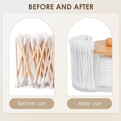Adorila Compact Cotton Pad & Swab Holder with Bamboo Lid, Dust-Free Space-Saving Bathroom Vanity Organizer for Floss (Clear)