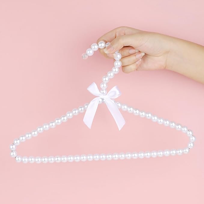 Adorila 10-Pack Kids Pearl Hangers - Small Non-Slip Pearl Beaded Bow Clothes Racks - Elegant Garment Organizer for Pet Apparel (30cm, White)