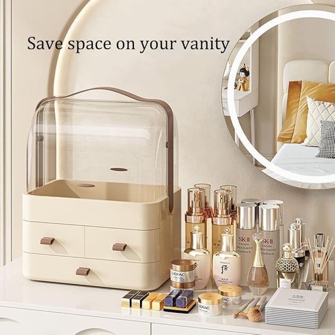 Makeup Organizer, Dustproof Cosmetic Storage Box with Portable Handle & Fully Open Waterproof Lid for Bathroom Countertop Bedroom Dresser(Cream White)
