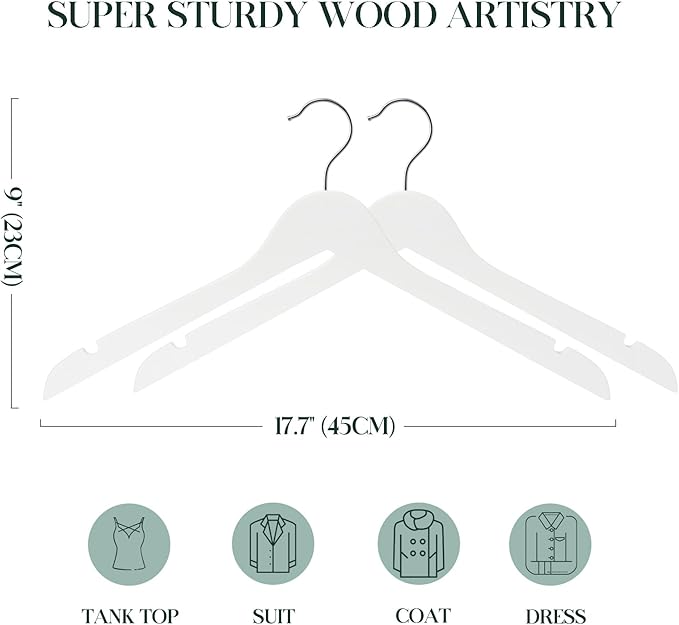 White Wooden Hangers - 20 Pack - Durable Wood Hangers Ideal for Everyday Use & Wedding, for Dress, Coats, Camisole