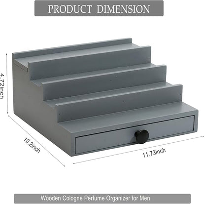Cologne Organizer for Men - 4 Tier Wooden Grey Cologne Display Stand with Drawer and Hidden Compartment, Mens Cologne Perfume Holder Shelf for Organizing and Storing