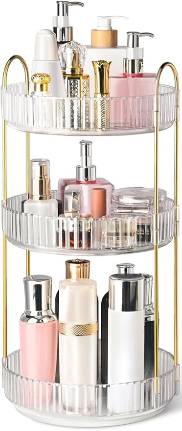 360° Rotating Makeup Organizer for Vanity, 3 Tier Perfume Organizers Skincare Organizers and Storage for Bathroom Countertop, Spinning Cosmetic Organizer for Bedroom Dresser Counter (Clear)