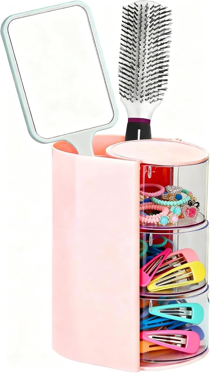 Rotating Hair Accessories Organizer & Makeup Brush Holder - 3-Tier Jewelry Storage Box for Earrings, Necklaces, Bracelets, Rings, Hair Clips (Pink)