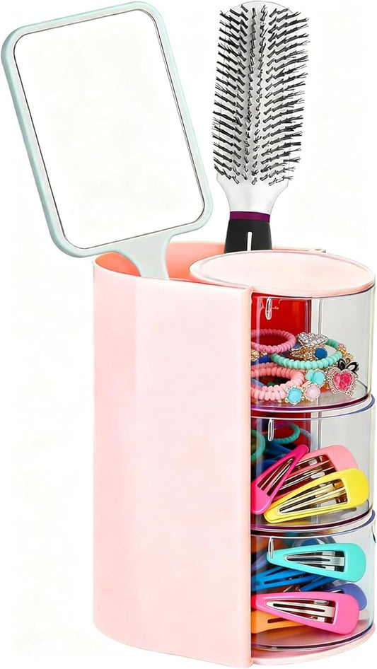 Rotating Hair Accessories Organizer & Makeup Brush Holder - 3-Tier Jewelry Storage Box for Earrings, Necklaces, Bracelets, Rings, Hair Clips (Pink)