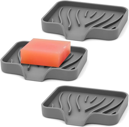 AIMAIAIMAI 3-Pack Silicone Soap Dish Set – Bar Soap Holder with Self-Draining Design, Easy-Clean Tray for Shower, Bathroom, Kitchen, and Tub (Gray)