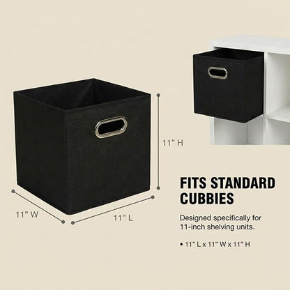 Household Essentials Foldable Fabric Storage Bins 6 Piece Set, Strong Poly-Woven Fabric, Sturdy Chipboard Sides, Grommet Front Handle, Stackable and Foldable, Classic Design, Black