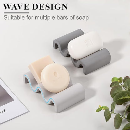Diatomite Soap Dish Quick Drying Bar Soap Holder Draining Soap Saver Rack Wave Pattern Sponge Tray for Bathroom Sink, Shower, Kitchen, Light Grey