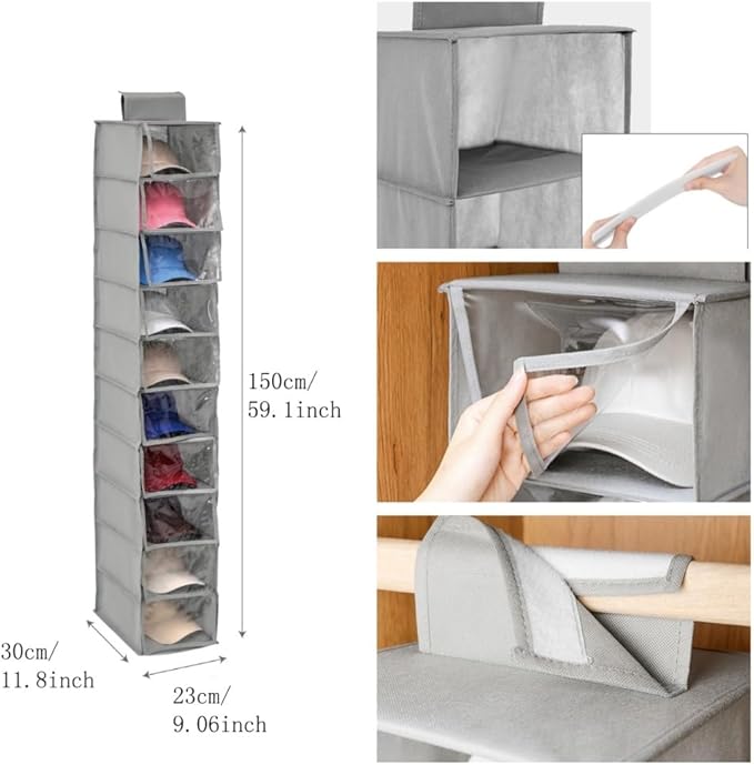 Hat Organizer, 10 Shelf Hanging Organizer for Baseball Caps, Collapsible Hat Rack Storage with Dust Cover, Space-Saving Hat Holder Display for Closet, Dorm, Bedroom, Apartment (Gray)