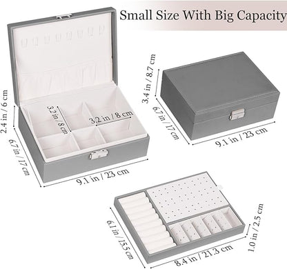 Jewelry Box for Women Girls, 2 Layers Jewelry Organizer Container with Lock, PU Leather Storage Case with Removable Tray, Jewelry Display Box for Necklaces Earrings Bracelets Rings Watches (Grey)