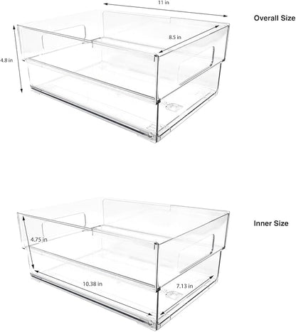 Isaac Jacobs 2-Pack Clear Expandable Storage Bins - Medium, 11"-19" L x 8.5" W x 4.8" H, Plastic Organizer with Cut-Out Handles, Adjustable Length from 11-19" for Home, Kitchen & Office