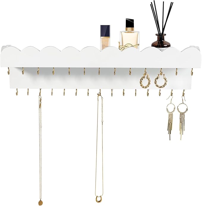 Wall Mount Jewelry Organizer with 28 Hooks and Cosmetics Shelf, Modern Wood Hanging Jewelry Holder for Necklaces, Bracelets, Earrings and Rings, White