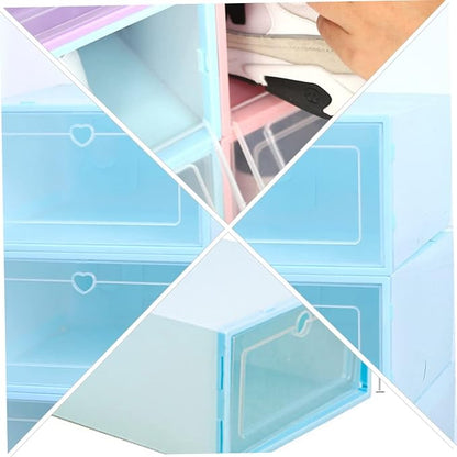 6pcs Transparent Clamshell Shoe Storage Box Capacity Organizer for Easy Access Plastic Design for Sneakers and Seasonal Footwear Heart Blue Color