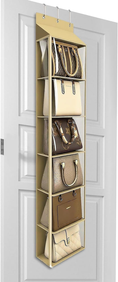 Lirex Over The Door Purse Organizer & Purse Shelf for Closet – Handbag Storage Organizer with Purse Hanger. Perfect for Scarves, Hats, and Leggings. S (11.8'' x 5'' x 51.6''), Khaki