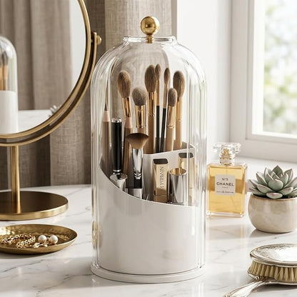Makeup Brush Holder with Lid 360° Rotating 3-Compartment Makeup Organizers for Vanity, Waterproof & Dustproof Cosmetic Storage Box for Dressing Table (Transparent White)