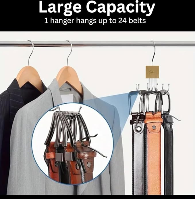 2 Pack, Rotating Belt Hanger Organizer for Closet, 12 Hooks Storage, Space Saving for Accessories, Bra, Tank Top, Tie, Scarf, Purse, Natural Wood and Metal