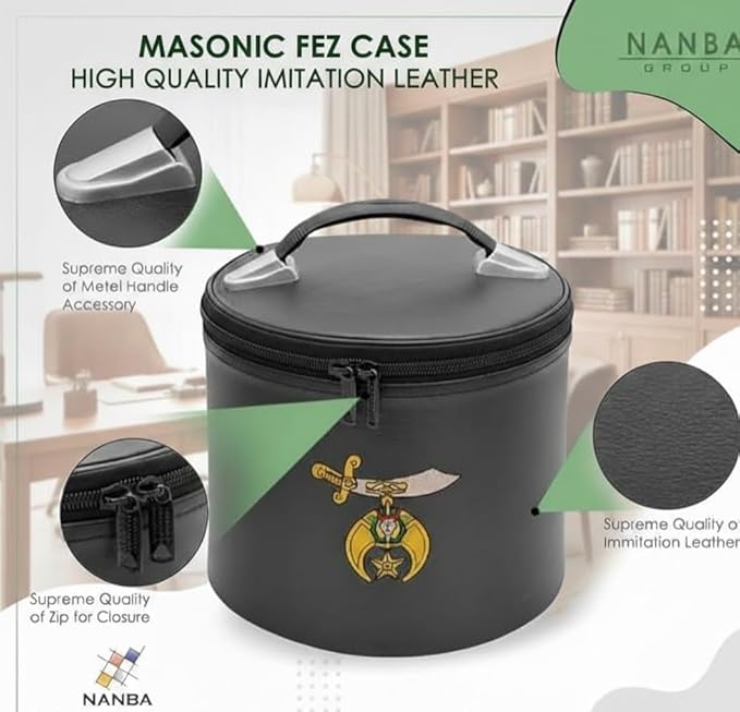 Masonic Machine Embroidered Shriner Fez Hat Case – Deluxe Fez Hat Storage Box - Imitation Leather Gifts - Display Case for Masonic & Eastern Star