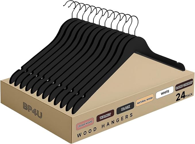 Premium Wooden Top Hangers, Heavy Duty Solid Wood Suit Hangers with 360° Swivel Hook & Anti-Slip Notches, Durable Clothes Hangers for Jackets, Coats, Shirts & Dresses(Black/24-Pack)