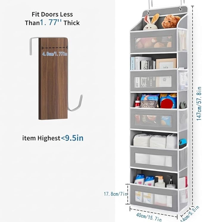 MIMONTALVOSHOP Over the Door Hanging Organizer, 5 Pockets, Gray, 44 LBS Capacity, 43.31x11.81in, for Pantry, Bathroom, Bedroom