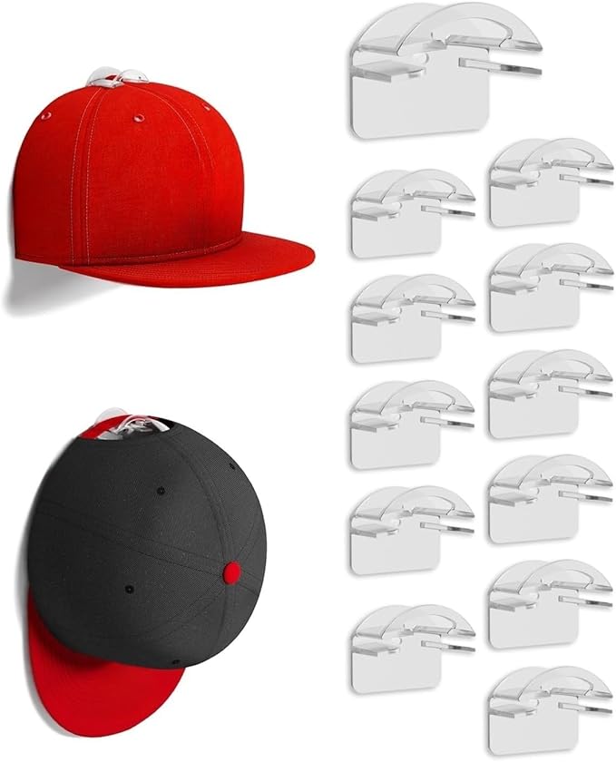 Adhesive Hat Hooks for Wall - 2 Different Ways Hat Racks to Organize & Display Baseball Caps, Hat Wall Hanger, Hat Organizer Rack for Men (Clear, 12 Pack)