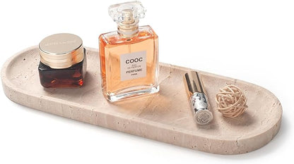 Oval Travertine Stone Tray for Jewelry, Candles, Perfume, Decorative Marble Bathroom Tray for Countertop Organizer 11.8inch x 4.3inch x 0.7inch