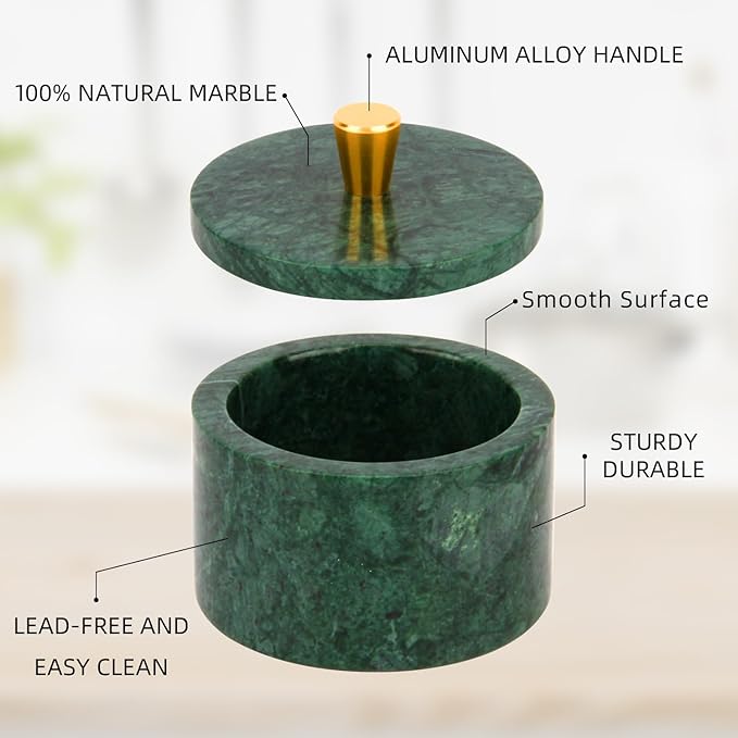 Marble Salt Cellar with Lid, 4 inch Natural Stone Salt Pepper Box, Alloy Lid for Kitchen Countertop Storage (Blackish Green, 4 * 3.5)