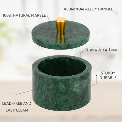 Marble Salt Cellar with Lid, 4 inch Natural Stone Salt Pepper Box, Alloy Lid for Kitchen Countertop Storage (Blackish Green, 4 * 3.5)