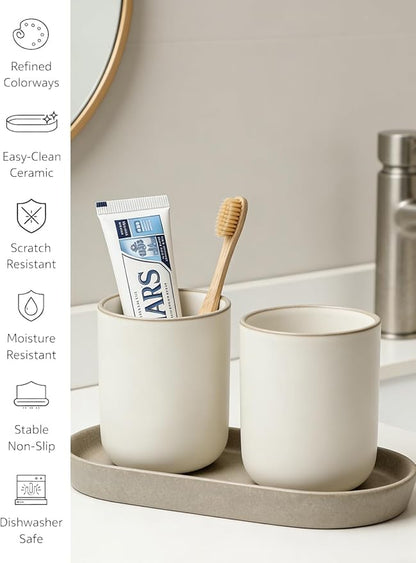 Matte Taupe Ceramic Bathroom Tray for Countertop, Minimalist Vanity Organizer Dish for Perfume, Jewelry & Soap, Oval Decorative Tray for Bathroom Sink, Dresser, Kitchen or Coffee Bar