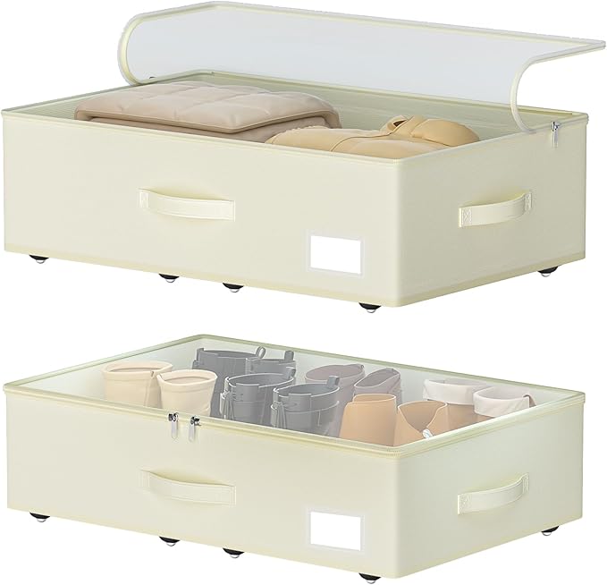 EE-RoomWorld Under Bed Storage with Wheels, No Assemble Required 7.5 inches height Under Bed Storage bins,Large capacity Rolling Underbed Shoe Storage containers，dorm underbed storage drawers