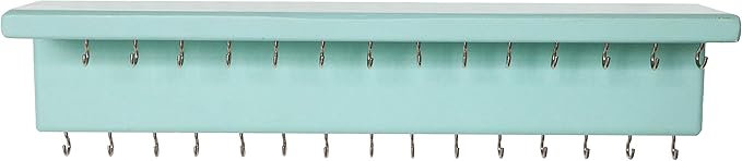 SANY DAYO HOME Jewelry Organizer with 30 Hooks and Cosmetics Shelf, 15 x 3 x 4 inches Wall Mounted Rustic Pine Wood Holder for Necklaces and Bracelets, Suitable for Kids and Adults (Aqua)