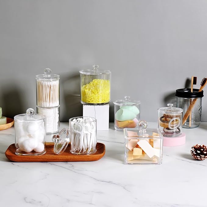 SheeChung 2-Pack Modern Square Acrylic Qtip Holder - Clear Apothecary Jars with Lids - Bathroom Vanity Storage Canister - Shatterproof Square Organizers for Cotton Swabs, Pads-Modern Minimalist Decor