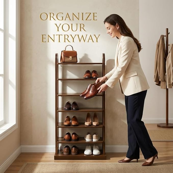 7-Tier Vertical Shoe Rack, Entryway Shoe Tower, Shoe Rack Organizer, Shoe Holder Storage Narrow Vertical, Wooden Free Standing Shoe Rack Shelf for Entryway, Hallway, Closet