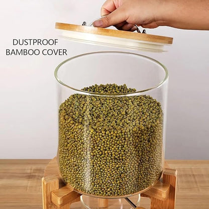 Rice Dispenser, Rice Storage Container, Glass Dry Food Storage Container with Bamboo Lid & Bottom Dispenser Valve, Kitchen Pantry Organizer for Rice, Cereal, Pet Food, Includes Measuring Cup (7.5L)