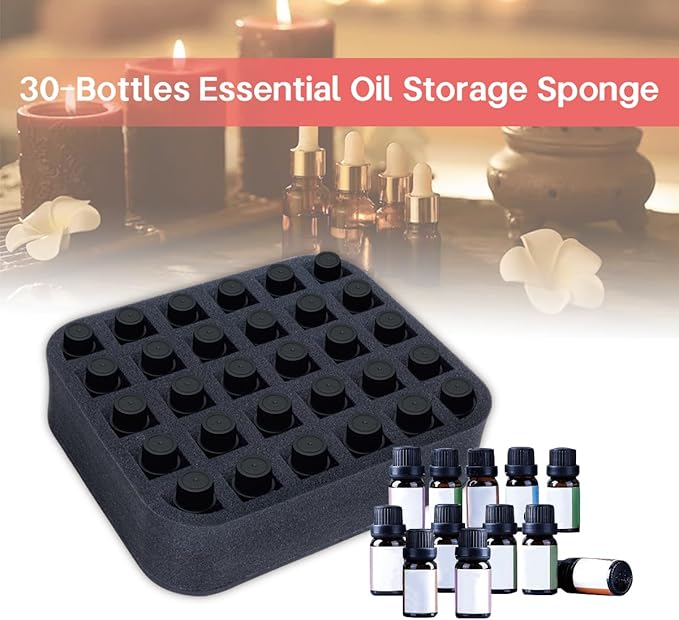 Essential oils Organizer Holder Foam Pad with Slots, Holds 30 bottles of 10ml、15ml Bottles, Removable Dividers，Black