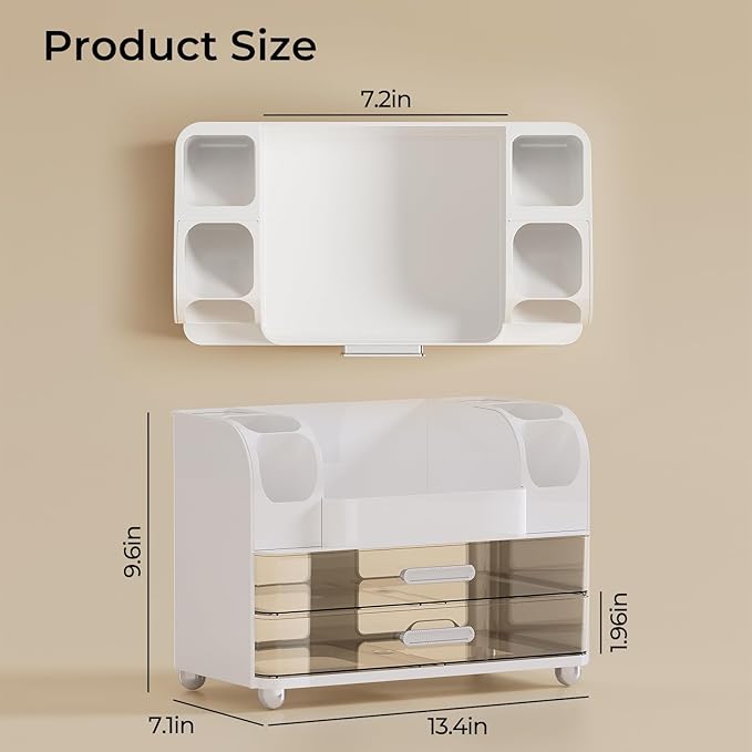 Makeup Organizer for Vanity with 2 Large Drawers, Cosmetic Display Case with Brush Holders, Easy to Storage for Bathroom Countertop Skincare, Perfume, White