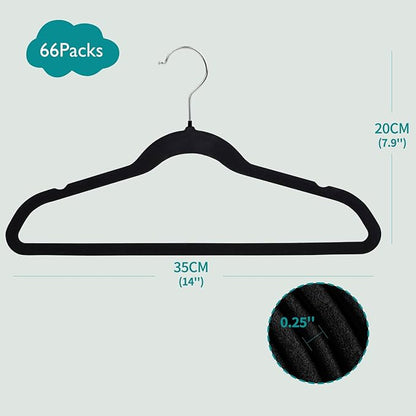 ManGotree 14 Inch Kids Velvet Hangers for Closet, Ultra-Thin Space Saving Children's Clothes Hangers, Non-Slip Felt Toddler Hanger for Youth's Clothes (66 Pack, Black)