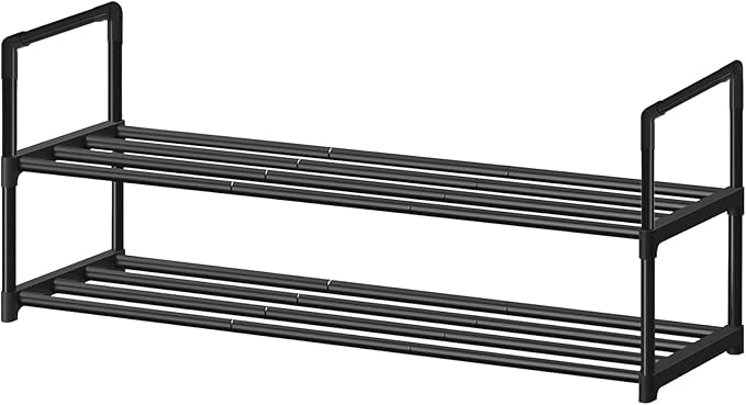 Shoe Rack - Metal Shoe Rack Organizer - Stackable Shoe Storage Shelf for Entryway, Closet, Bathroom 30cm(D) x 92cm(W) x 55cm(H) -Black (2-Tier)