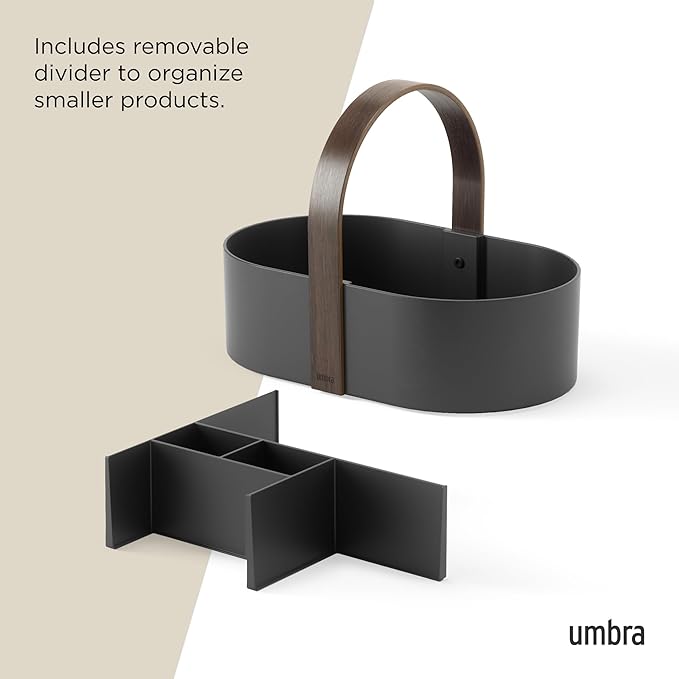 Umbra Bellwood Caddy, Organizer Bin for Makeup and Cosmetics, Durable Lightweight Container with Wooden Handle and Removable Dividers, Small Black/Walnut