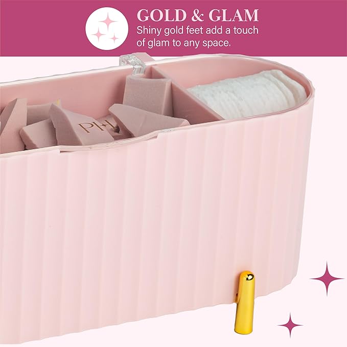 Paris Hilton Makeup & Storage Organizer with Lid, Customizable 3-Compartment Tray, Elegant Ribbed Design, Compact & Durable, Pink