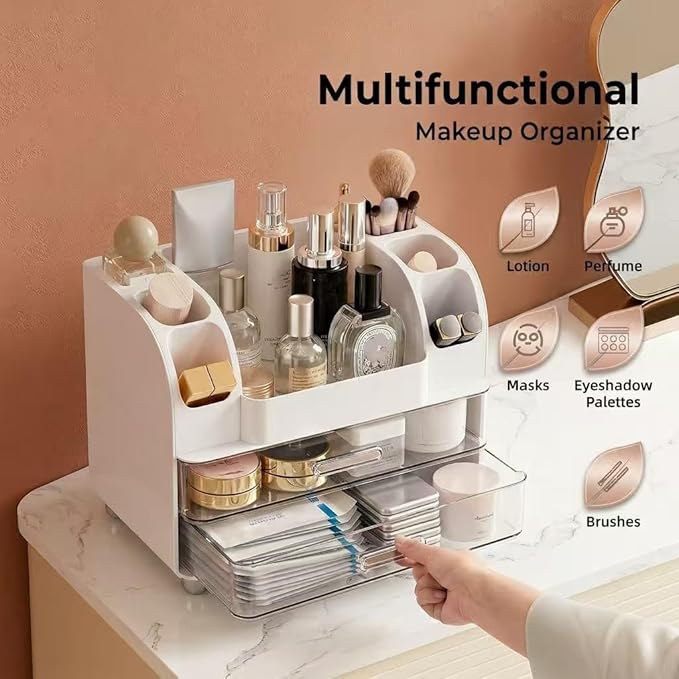 Drawer Cosmetic Organizer, Beauty Tool Display Box, Desktop Skin Care Organizer (White)