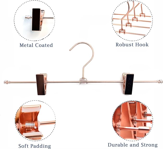 Rose Gold Metal Wire Clips Pants Bottom Clothes Hangers, 30 Pack Heavy Duty Trousers with Adjustable Clips,13.8" Space Saving for Legging Garment Jeans