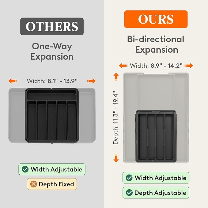 Lifewit Silverware Drawer Organizer, Expandable BPA Free Utensil Tray for Kitchen, Adjustable Flatware and Cutlery Holder, Plastic Storage for Spoons Forks Knives, 8.9-14.2 x 11.3-19.4 x 1.7, Black